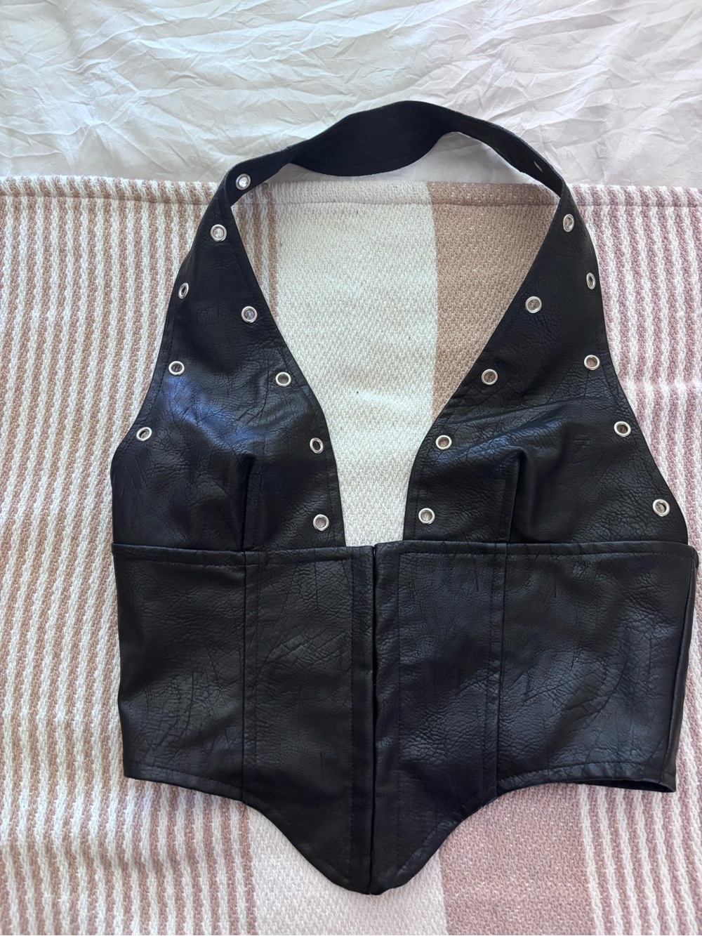 Princess Polly Black Faux Leather Studded Halter Crop Top